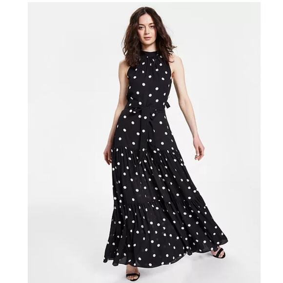 Anne Klein maxi dress 18W polka dot tiered ruffle hem sleeveless fit and flare - Picture 1 of 12